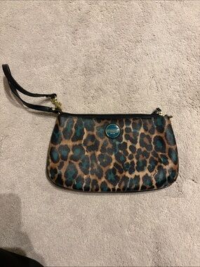 Coach Teal and Brown Leopard Print Wristlet